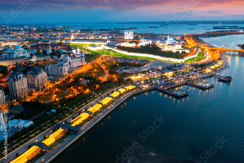 Aerial view of Kazan Kremlin and Kazanka River at dusk.
