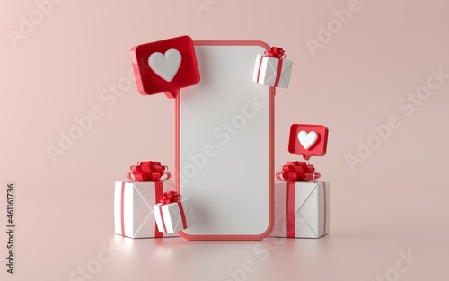 Social media phone with christmas gift illustration for banner. 3d illustration