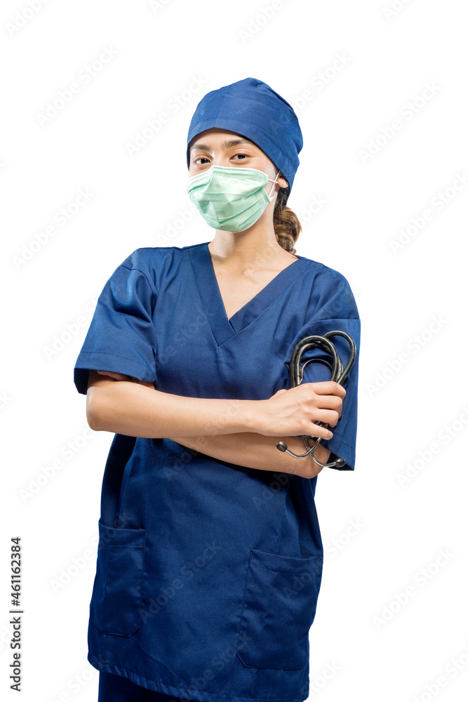 Asian female nurse with face mask holding stethoscope Asian female nurse with face mask holding stethoscope