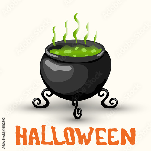 Cartoon witch pot with poison isolated on white