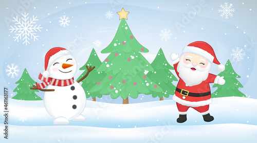 Cute Santa claus and snowman in winter,  Christmas season.