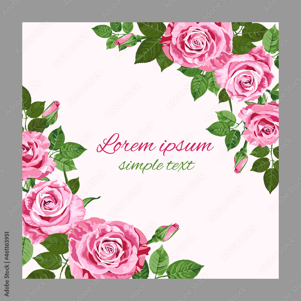 Bright pink vector roses greeting card