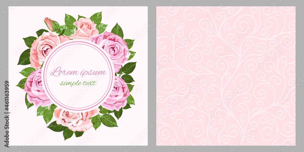 Pink and beige roses wreath for greeting card and envelope