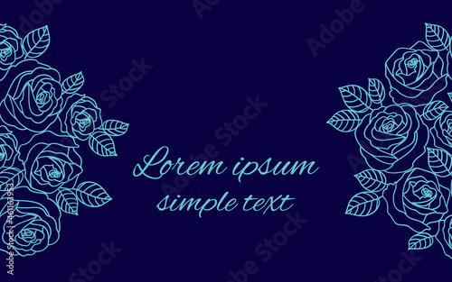 Greeting card with blue outline roses on the navy blue