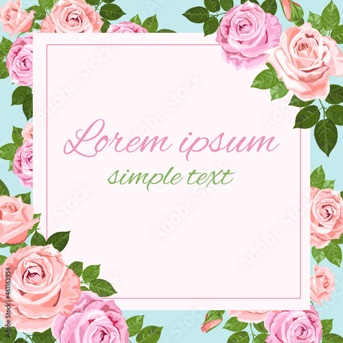 Greeting card with pink and beige roses on the pale blue