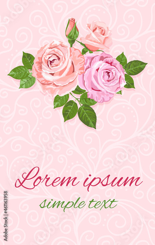 Floral pink and beige roses design for wedding invitation