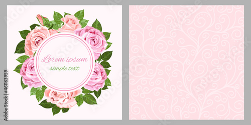 Pink and beige roses wreath for greeting card and envelope