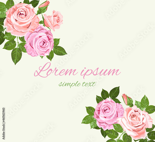 Pink and beige roses on the light green background greeting