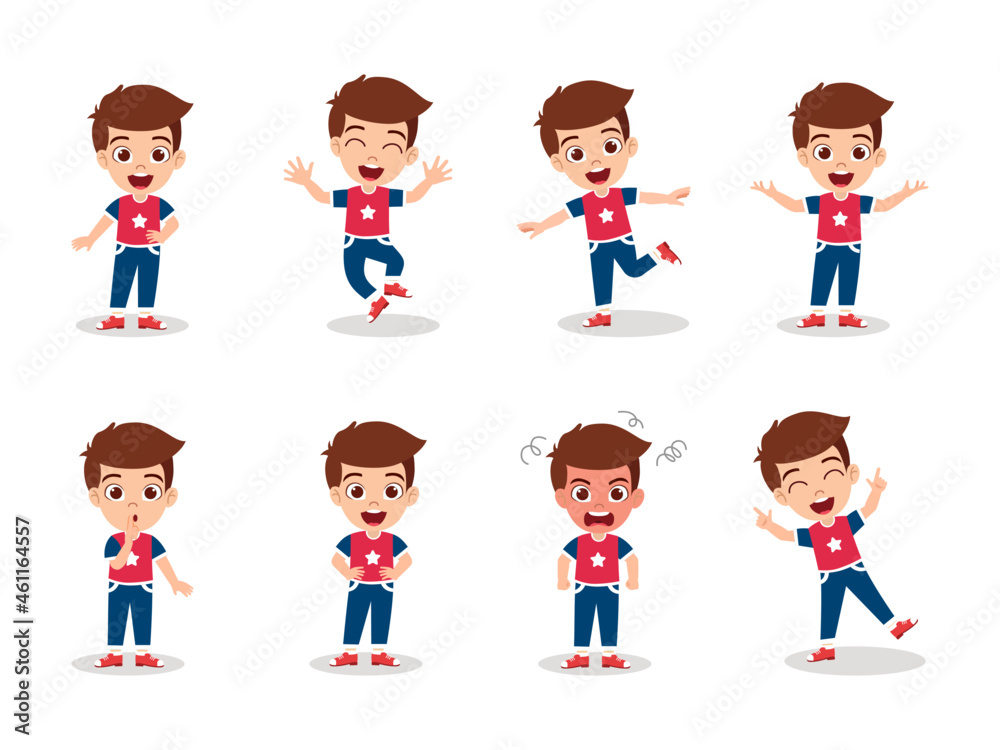 Cute beautiful kid boy character doing different actions waving posing jumping with different facial expression and emotions angry cry happy cheerful Cute beautiful kid boy character doing different actions waving posing jumping with different facial expression and emotions angry cry happy cheerful