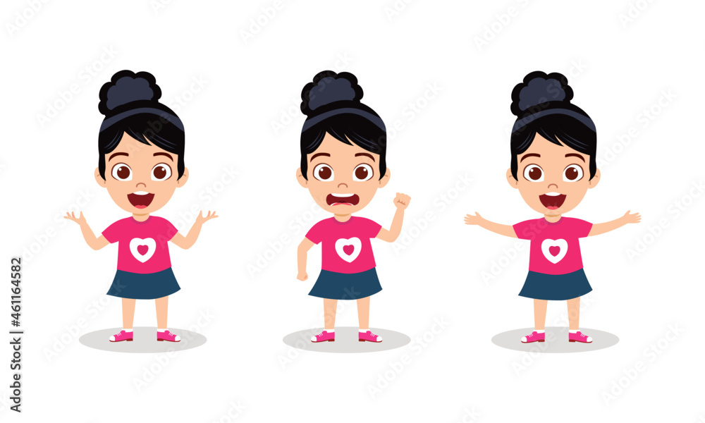 Cute beautiful kid girl character doing different actions waving posing with different facial expression and emotions cheerful angry isolated Cute beautiful kid girl character doing different actions waving posing with different facial expression and emotions cheerful angry isolated