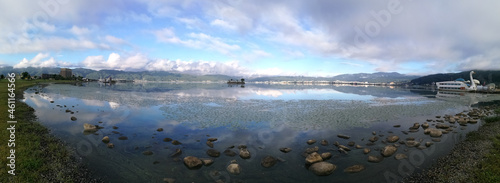 Panorama view of the lake Suwa in the Kiso Mountains, Nagano, Japan.