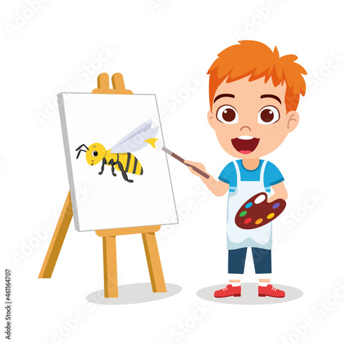 Happy cute beautiful kid boy character wearing painter outfit standing with paint color and paint brush and paint board and drawing bee