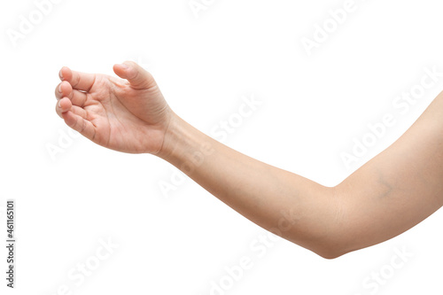 isolated of woman hand holding something like a bottle or can.