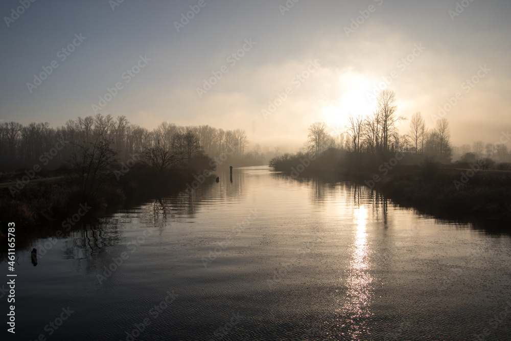 Fototapeta premium A view of a river with bush filled banks