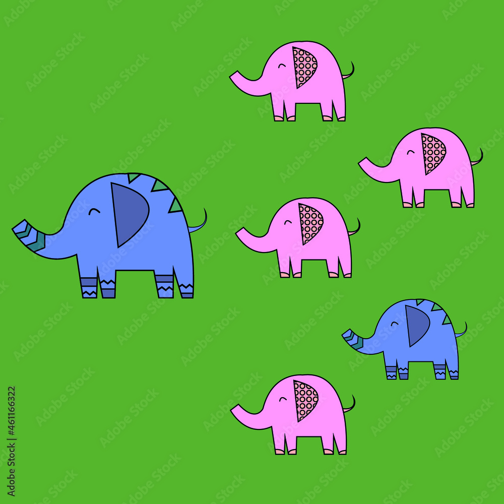 Cute animals elephants happy family, with father and children, son and daughters on green isolated background, vector illustration. Cute animals elephants happy family, with father and children, son and daughters on green isolated background, vector illustration.