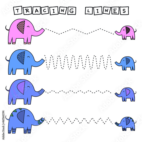 Trace line worksheet with animals elephants for kids, practicing fine motor skills.  Educational game for preschool children. 
