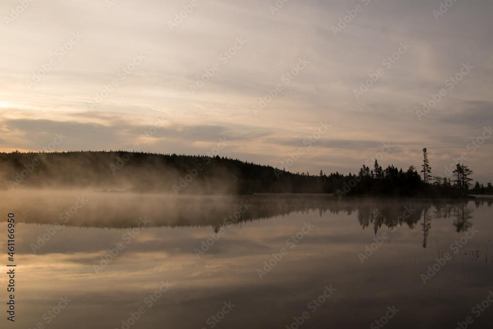 Fototapeta premium A view of a lake on a misty morning