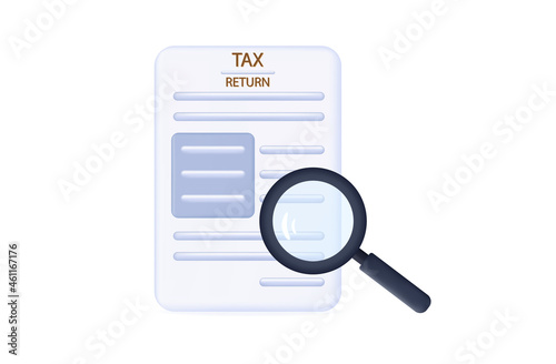 3d paper return taxation. Form salary, income statement. Searching, filling tax return. Correctly registered paper document of financial, 
income transactions payments. 
Magnifier. Vector illustration