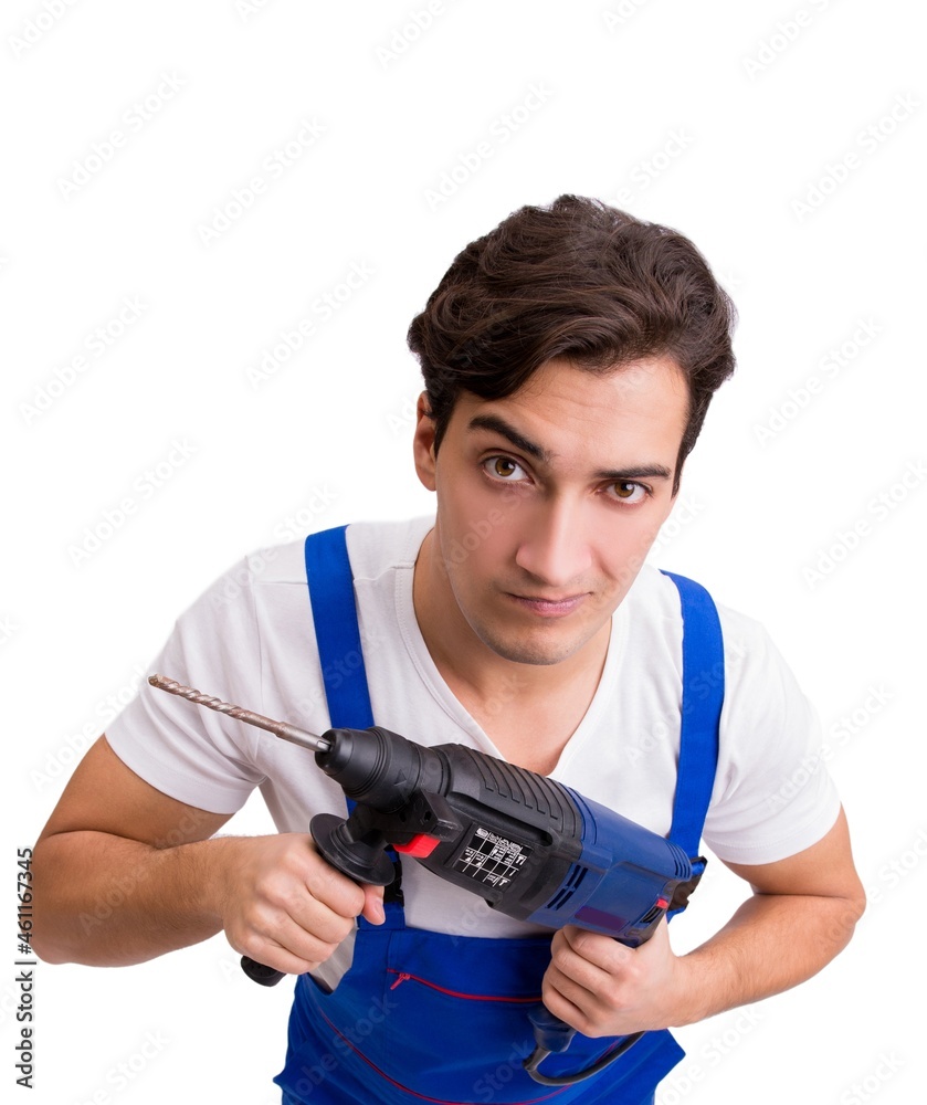 Funny repairman with drill isolated on white Funny repairman with drill isolated on white