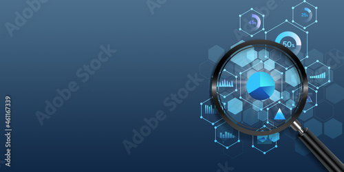 Business Analysis symbol with magnifying glass icon and business chart on blue background  Auditing tax  financial market analysis  seo  financial report  3D rendering