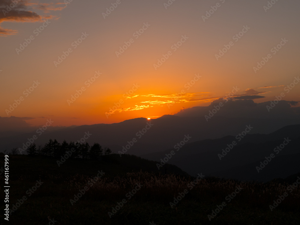 Fototapeta premium 霧ヶ峰のニッコウキスゲ群生地の丘から見た夕日・夕焼け