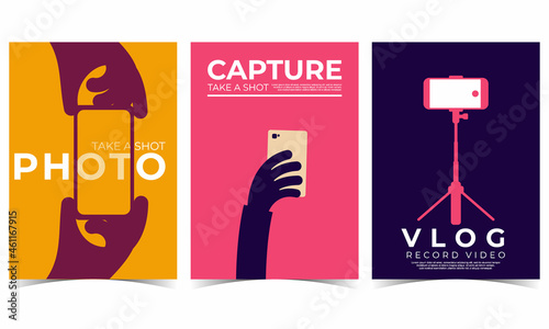 Take Photo Vlog Capture with Smartphone. Set of 3 simple Background Vector Illustration Flat Style. Suitable for poster, cover, brochure, banner, or flyer