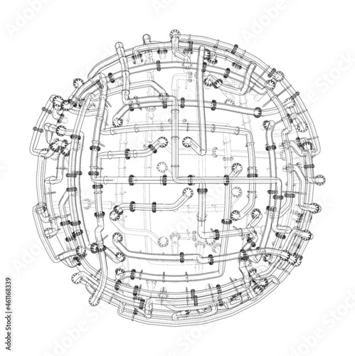 Pipes with flanges around a large sphere. Vector