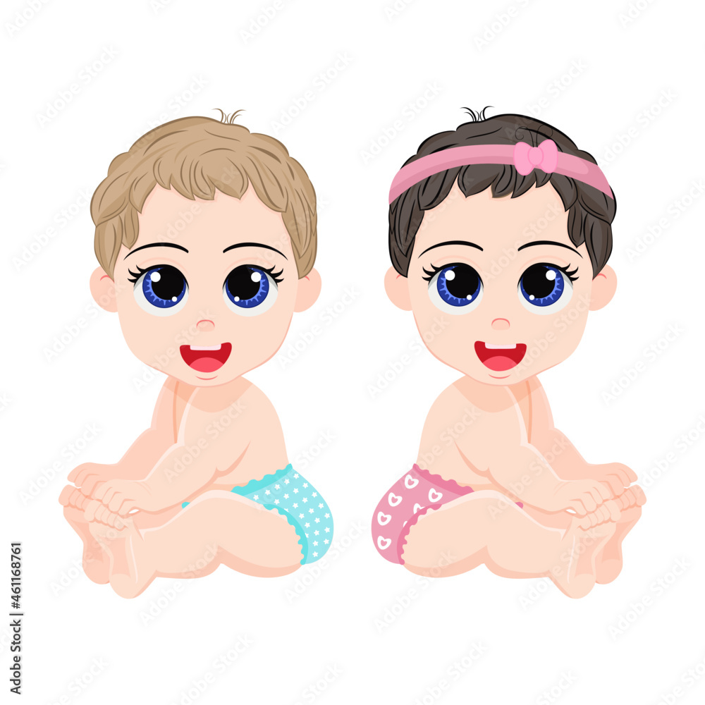 Cute beautiful baby boy and girl characters wearing colorful diaper and siting with different position