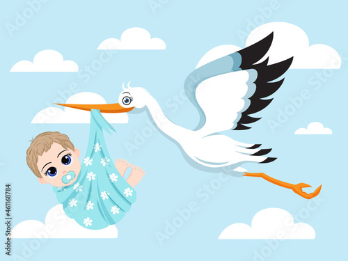 Cute beautiful newborn baby character flying with bird on sky with cloud baby shower concept isolated on sky