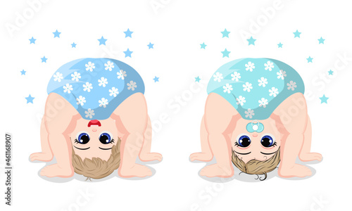 Cute beautiful newborn baby character crawling and posing