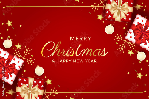 merry christmas and happy new year greeting card with realistic red decoration