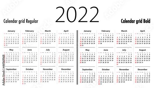 Calendar grid  2022 English Sundays First. Regular and bold versions
