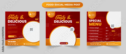 Cullinary tasty restaurant food menu in red and orange gradient brush background suitable for promotional social media post square web ads template