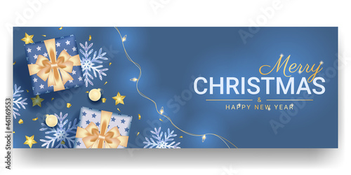 merry christmas and happy new banner design with realistic blue decoration