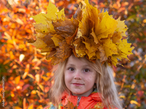 Autumn. Portrait of a girl with a wreath of yellow fallen maple leaves on her head in autumn colors. 