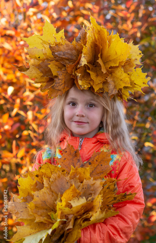 Autumn. A girl with a wreath of maple leaves on her head holds fallen autumn yellow beautiful maple leaves in her hands.