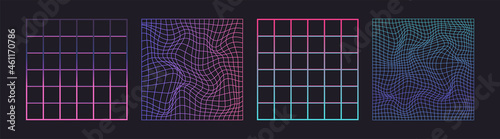 Distorted neon grid pattern. Vector. Abstract glitch background. Set collection. Retro wave, synthwave, rave, vaporwave. Blue, black, pink purple color. Trendy 1980s, 90s style. Print, poster, banner. photo