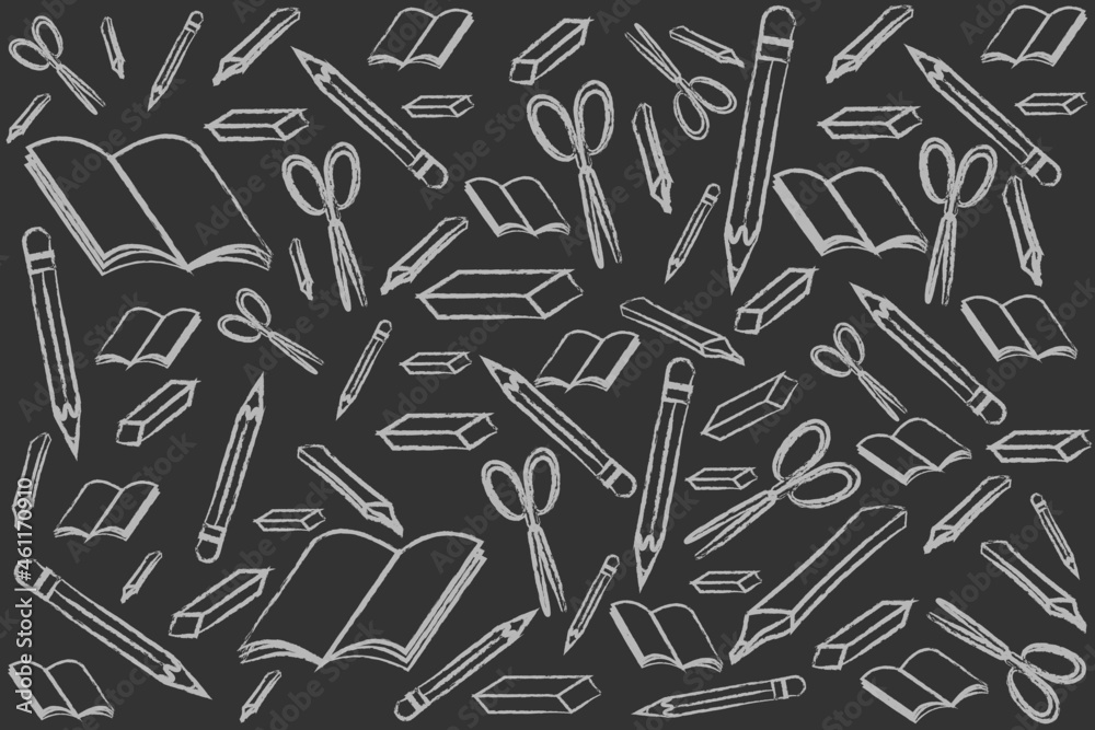 Stationery items seamless pattern. Chalk and blackboard theme. Books, pencils, highlighters, erasers and scissors. Stationery items seamless pattern. Chalk and blackboard theme. Books, pencils, highlighters, erasers and scissors.