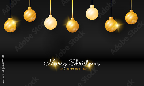 modern black merry christmas and happy new year banner with golden hanging ball