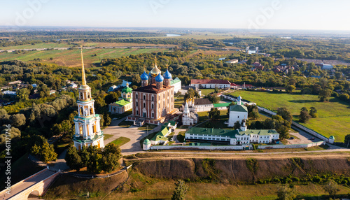 Bird's eye view of Assumption Cathedral and bell tower located in Ryazan Kremlin, Russia.