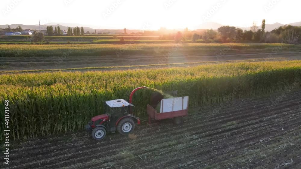Aerial view shot of harvester loading off corn on trailers. Aerial view shot of harvester loading off corn on trailers.