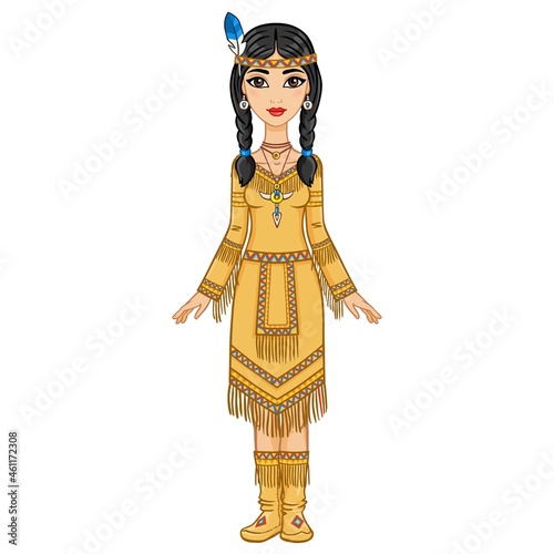 attractive animation girl in clothes of the American Indian. Full growth. Vector illustration isolated on a white background.