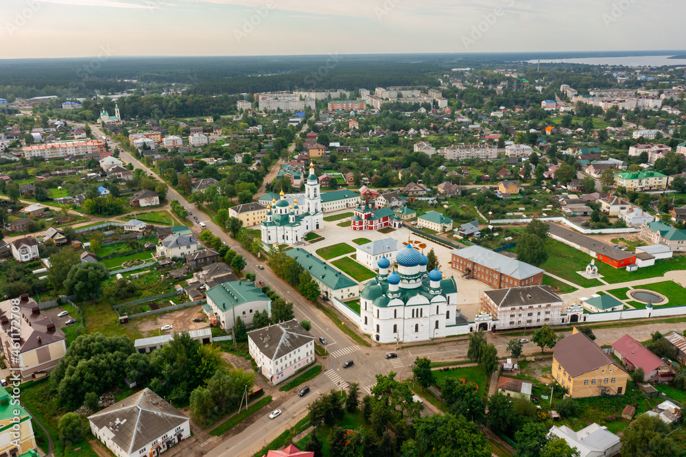View from drone of architectural complex of Epiphany Monastery, Orthodox convent with cathedrals in center of Russian city of Uglich on summer day, Yaroslavl region