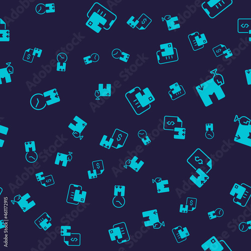 Set Cardboard box with clock, Package fragile content, Document tracking marker and Waybill on seamless pattern. Vector
