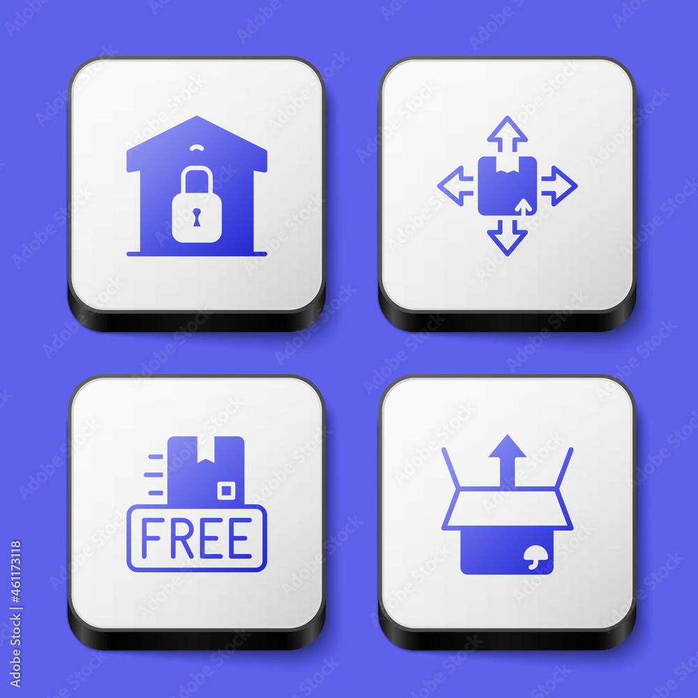 Set Closed warehouse, Carton cardboard box, Cardboard with free symbol and Unboxing icon. White square button. Vector Set Closed warehouse, Carton cardboard box, Cardboard with free symbol and Unboxing icon. White square button. Vector