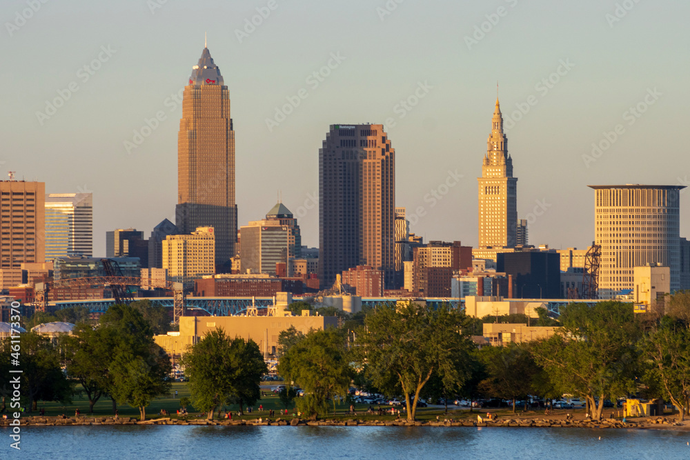 City skyline at sunset