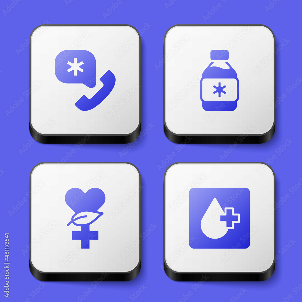 Set Emergency call 911, Bottle of medicine syrup, Ethnoscience and Blood test icon. White square button. Vector