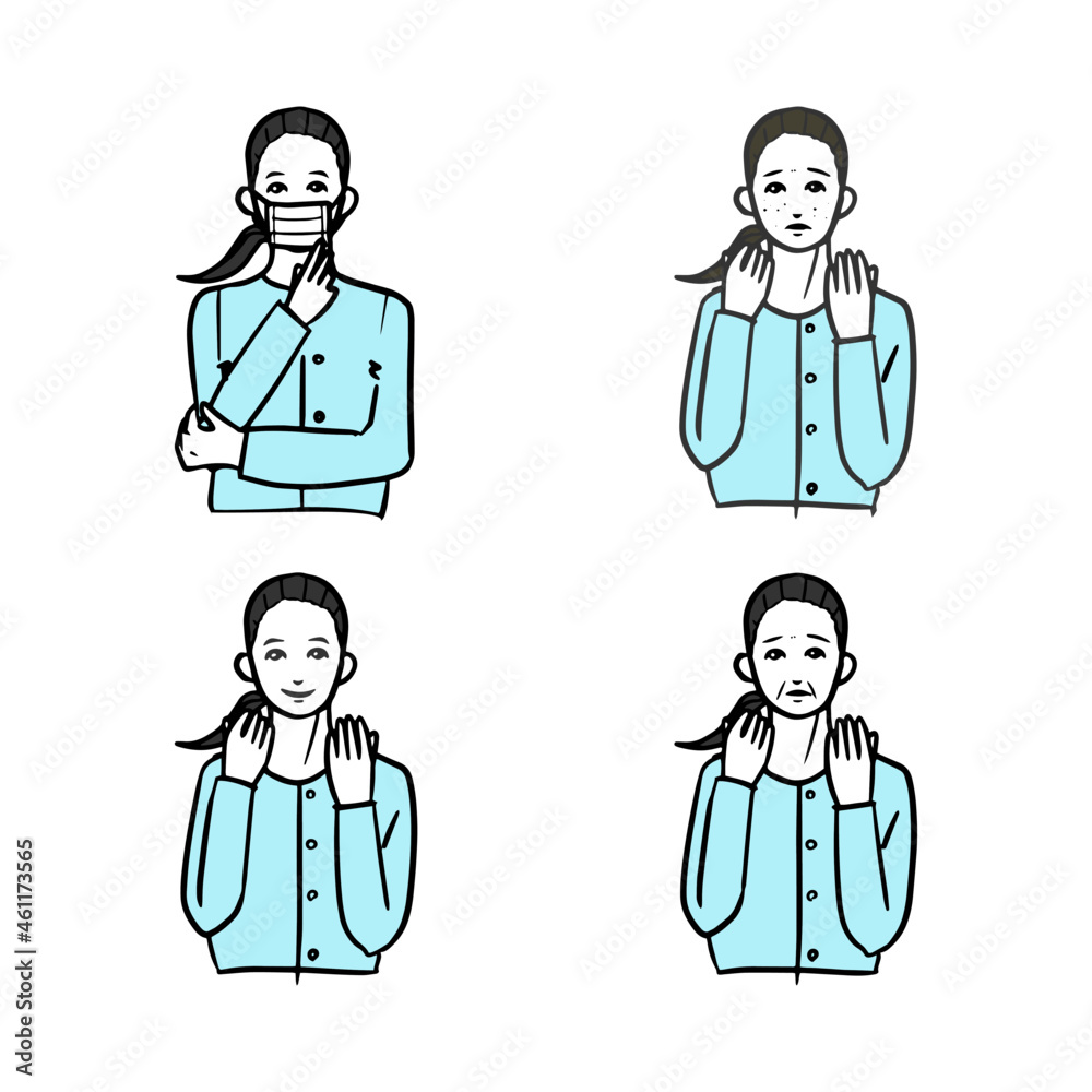 マスクによる肌荒れの女性の表情の線画セット