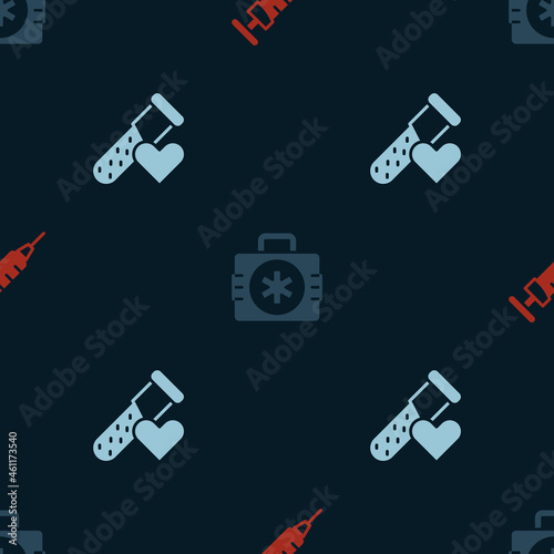 Set Syringe, First aid kit and Test tube with blood on seamless pattern. Vector