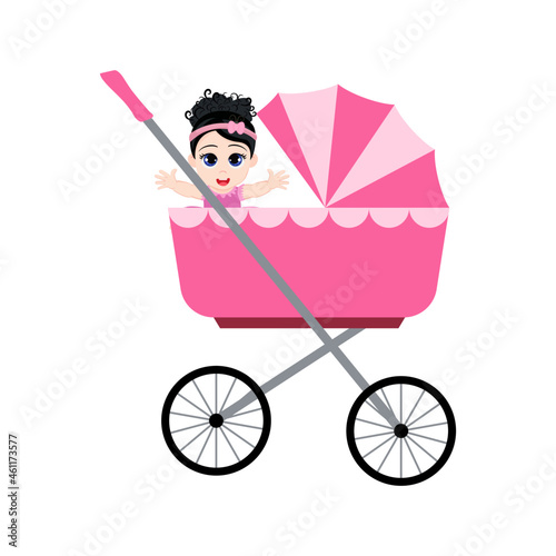 Cute beautiful baby character siting baby transport and smiling isolated